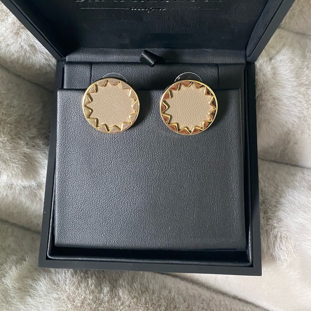 Gold-Tone Sunburst Leather Disc Earrings - Taupe & Gold
